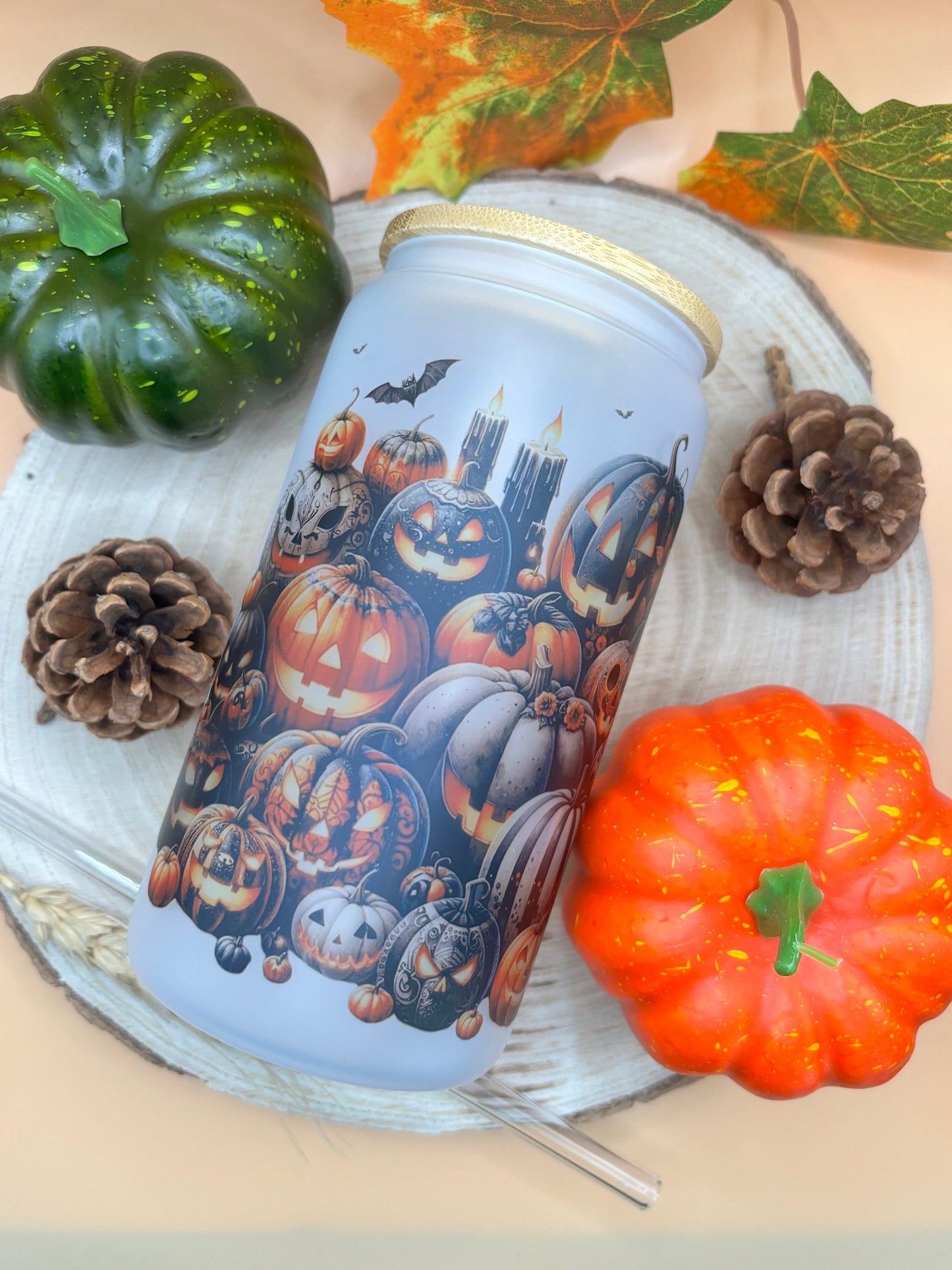 Halloween frosted Glass Tumbler | Trinkglas mit Bambusdeckel mit Halloween Design