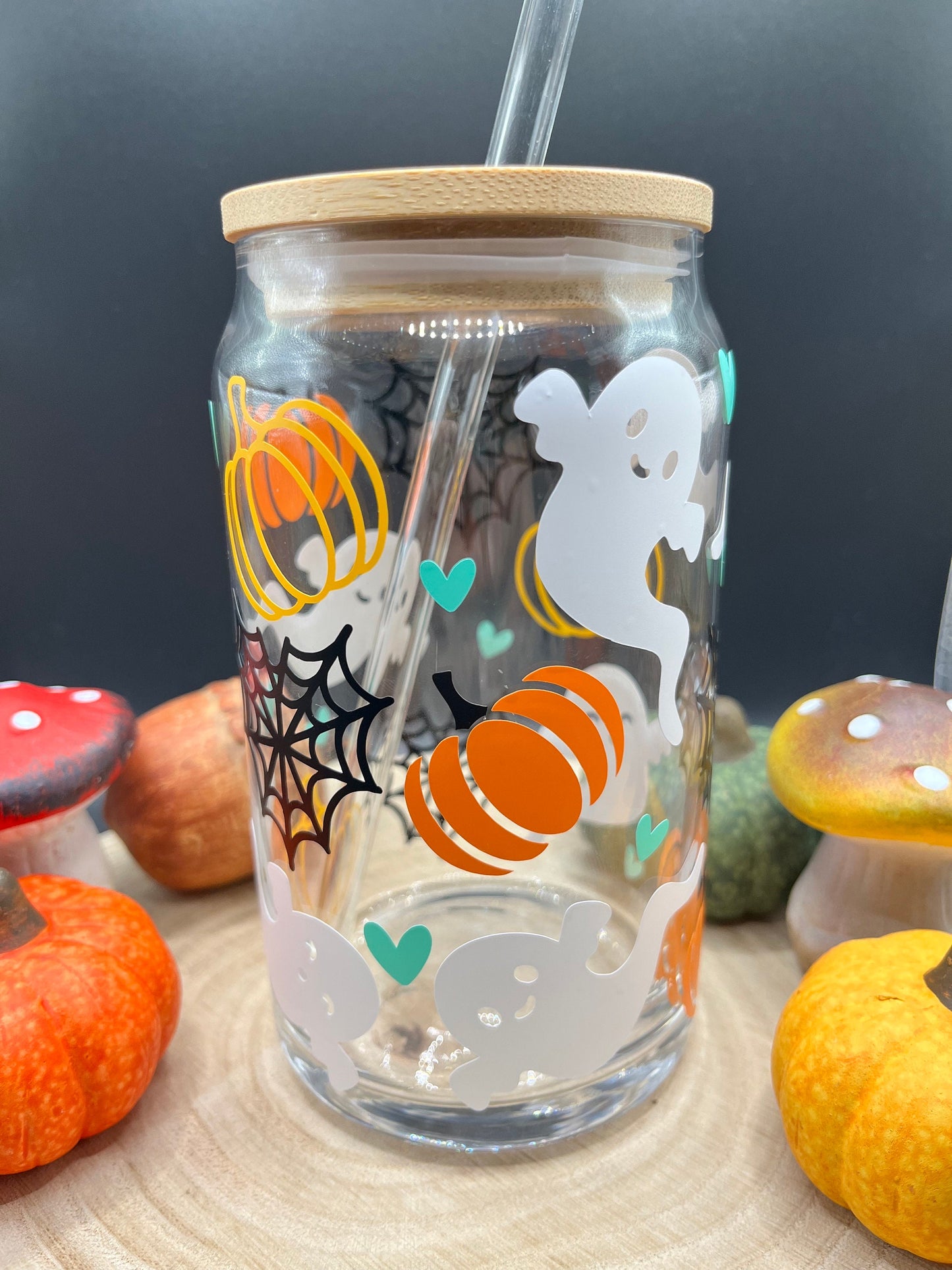 Halloween Glass Tumbler | Herbstliches Trinkglas | Glas mit Bambusdeckel und Strohhalm