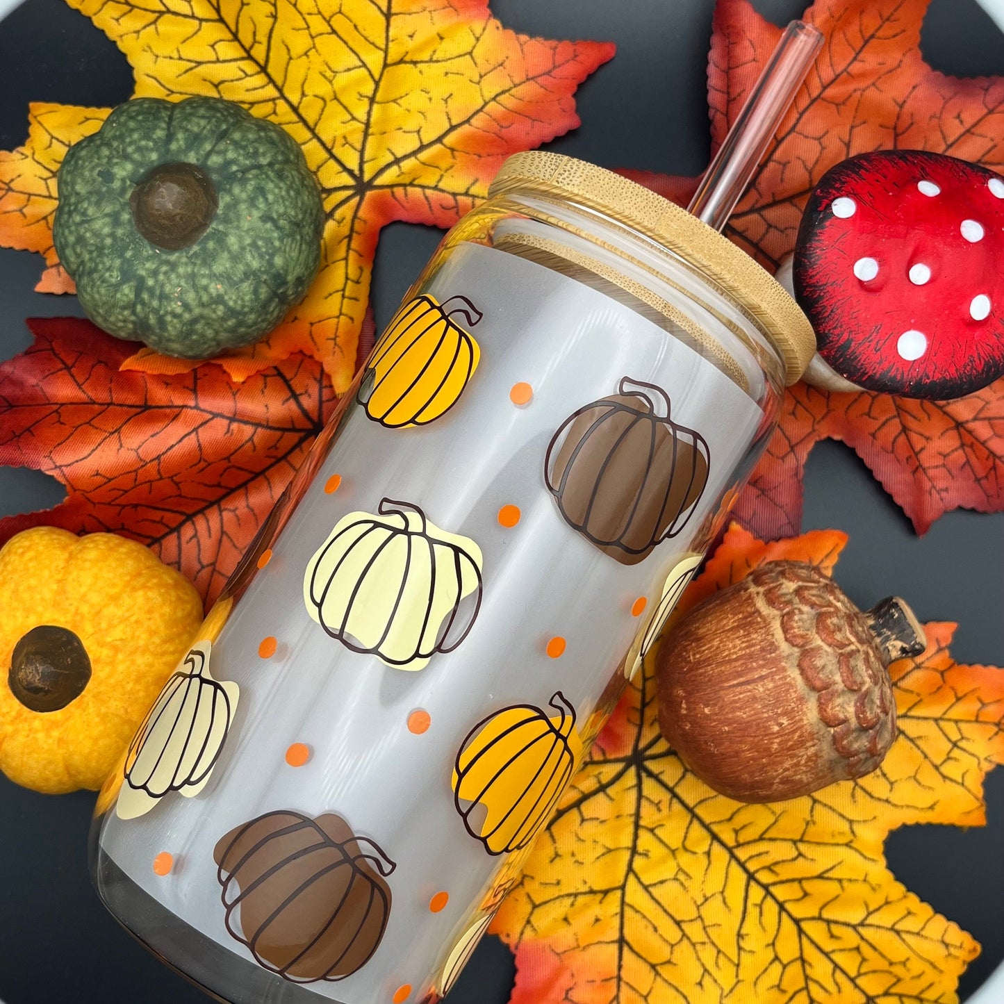 Autumn Glass Tumbler | Herbstliches Trinkglas | Glas mit Bambusdeckel und Strohhalm