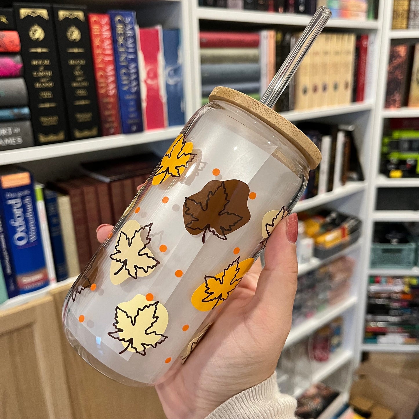 Autumn Glass Tumbler | Herbstliches Trinkglas | Glas mit Bambusdeckel und Strohhalm