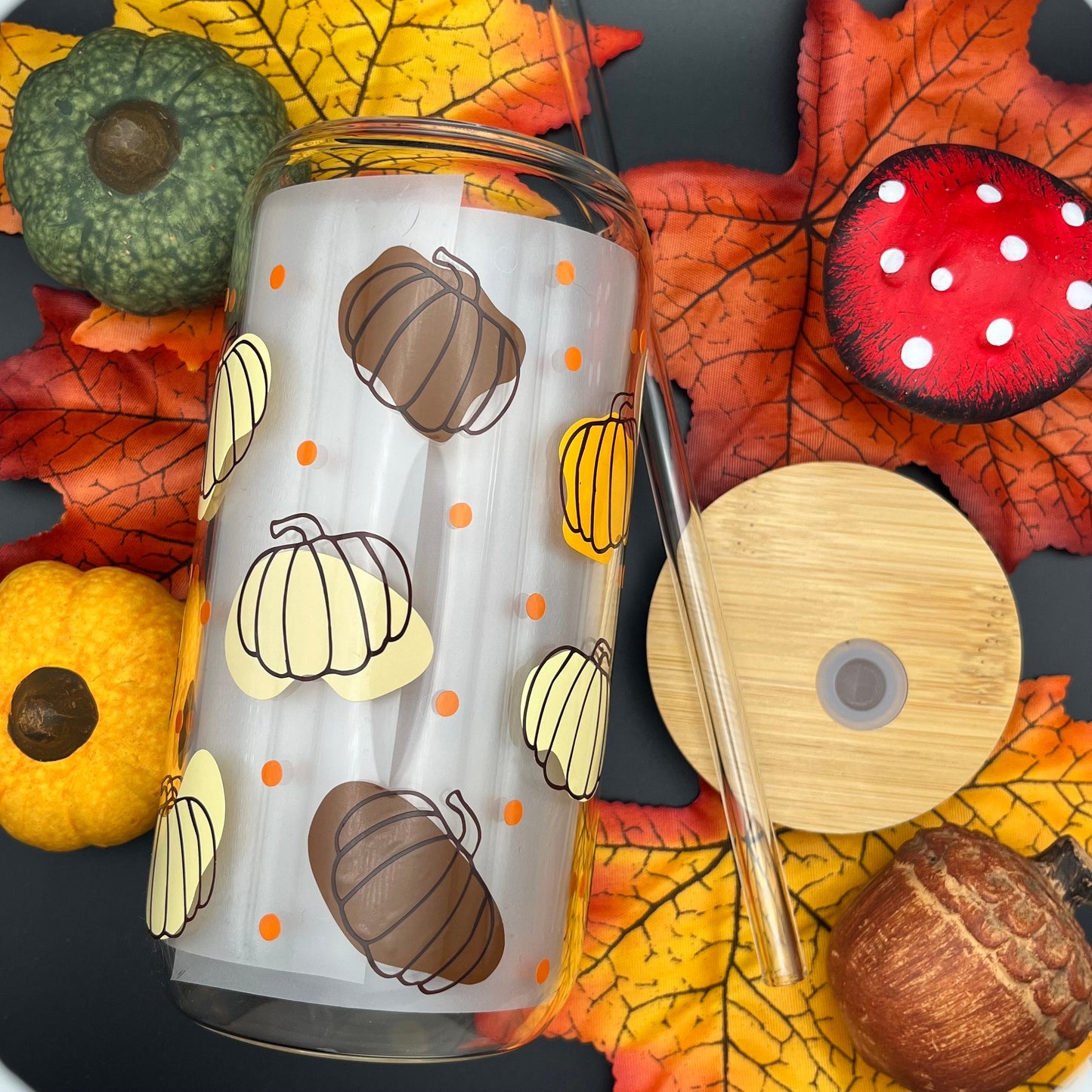 Autumn Glass Tumbler | Herbstliches Trinkglas | Glas mit Bambusdeckel und Strohhalm