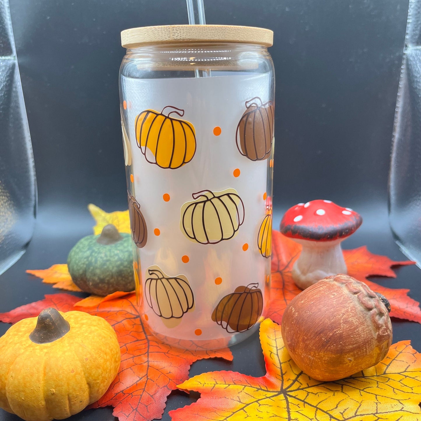 Autumn Glass Tumbler | Herbstliches Trinkglas | Glas mit Bambusdeckel und Strohhalm