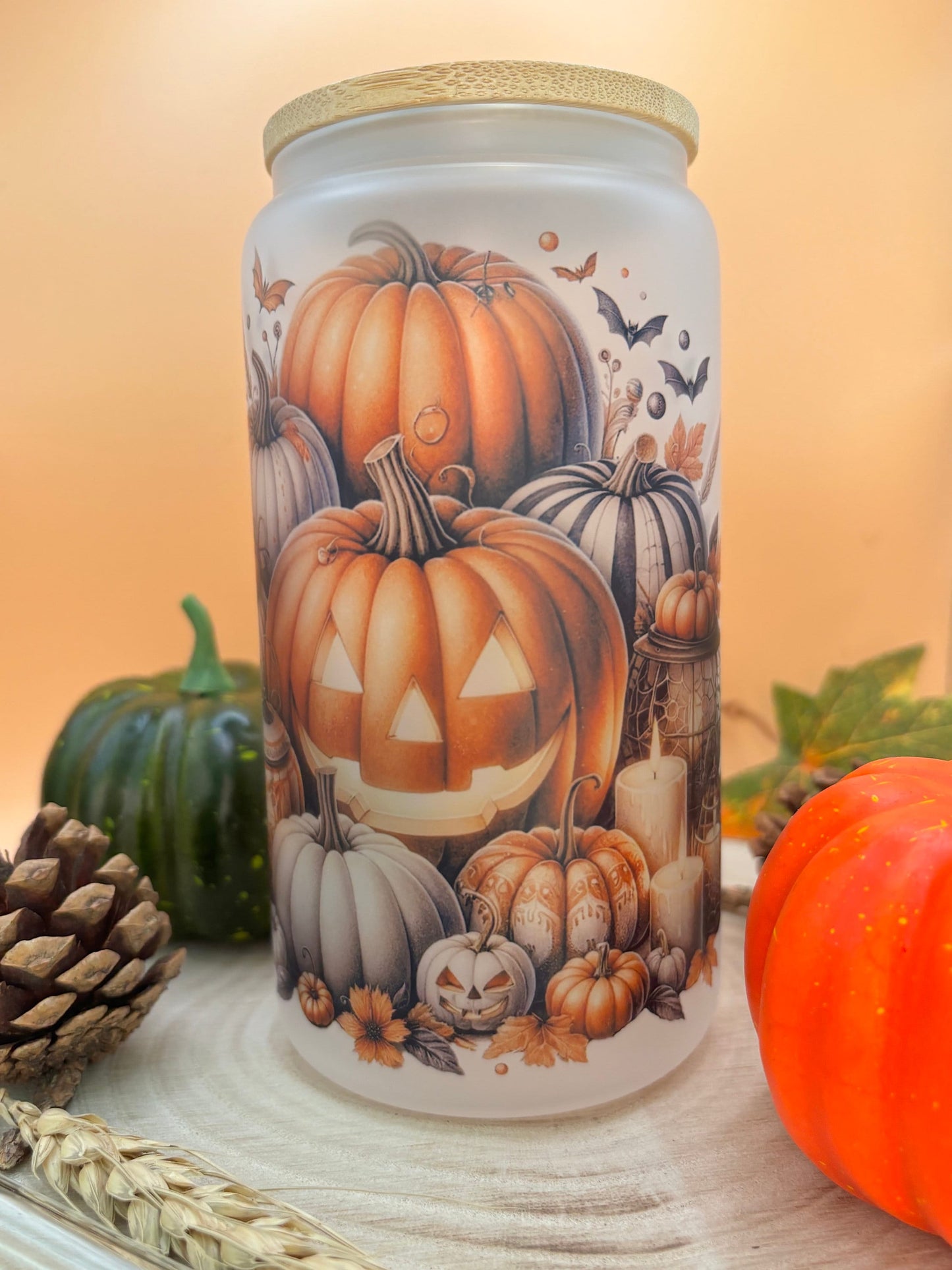 Halloween frosted Glass Tumbler | Trinkglas mit Bambusdeckel mit Halloween Design