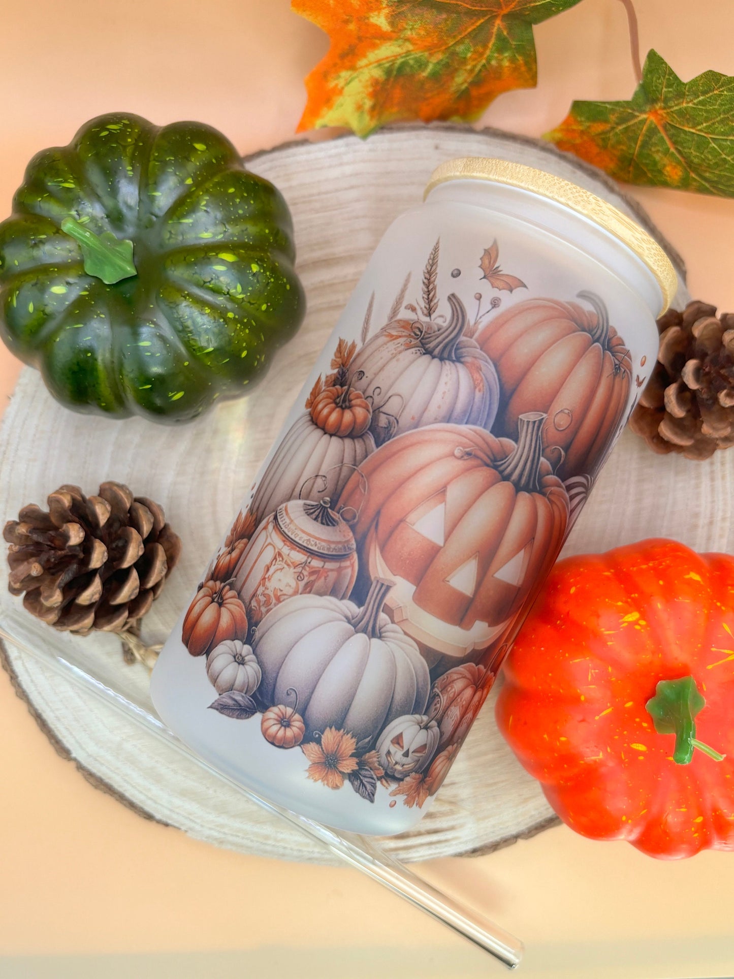 Halloween frosted Glass Tumbler | Trinkglas mit Bambusdeckel mit Halloween Design