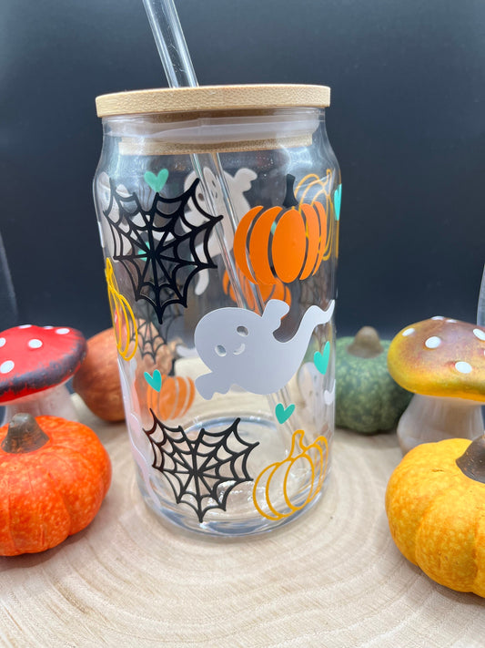 Halloween Glass Tumbler | Herbstliches Trinkglas | Glas mit Bambusdeckel und Strohhalm