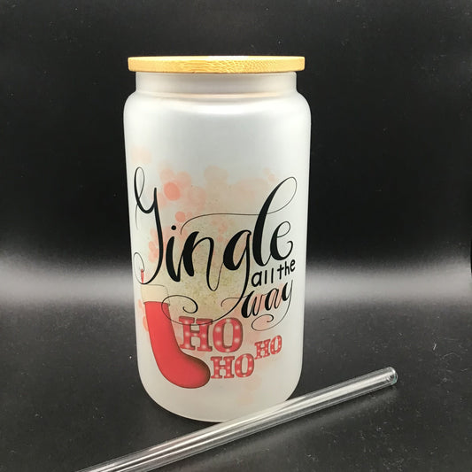 Jingle all the way Frosted Glass Tumbler | weihnachtliches Trinkgefäß | Glas mit Bambusdeckel und Strohhalm