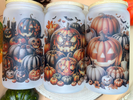 Halloween frosted Glass Tumbler | Trinkglas mit Bambusdeckel mit Halloween Design