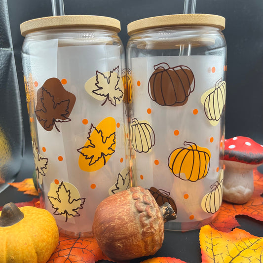 Autumn Glass Tumbler | Herbstliches Trinkglas | Glas mit Bambusdeckel und Strohhalm
